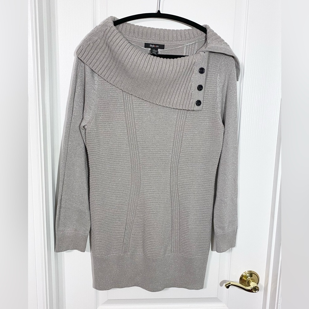 Style & Co Metallic Knit Cowl Neck Tunic Sweater Silver Size Large